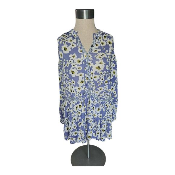 Free People Love Letter Tunic Dress Blue Floral Ruffle Women's Small Over Sized - Picture 1 of 6